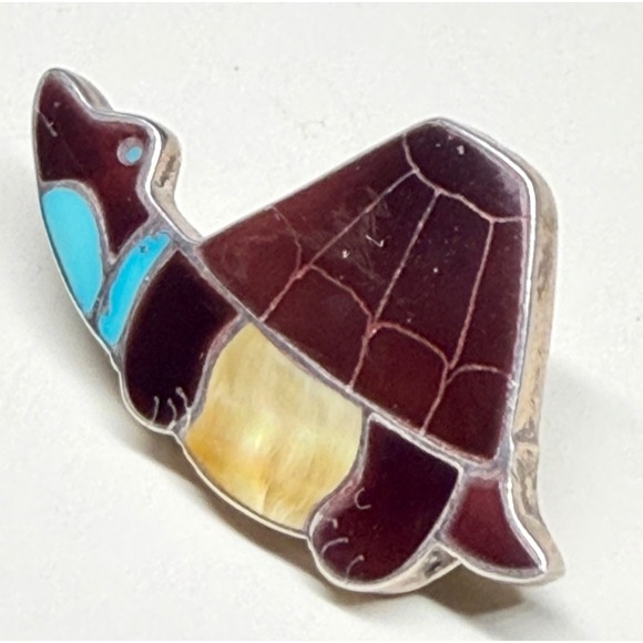 Ray Nieto Jewelry - Zuni Inlay Turtle Pendant Pin Brooch Sterling Silver Ray Nieto RN Mosaic